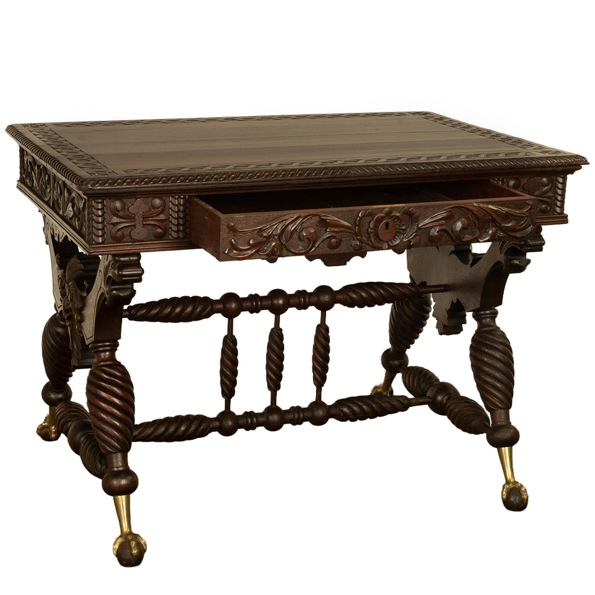 Aesthetic Movement Merklen Brothers Carved Walnut Library Table Desk NY 1890