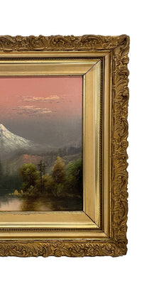 Antique American Realist Oil Painting Landscape Mount Hood at Sunset Oregon by Eliza Barchus, 1900