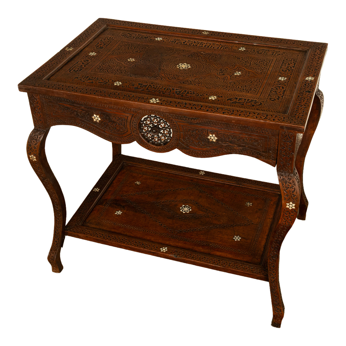 Antique Islamic Moorish Arab Mother-of-Pearl Inlaid & Carved Table Damascus 1890