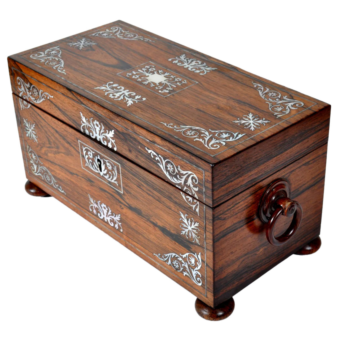 Antique English Georgian Regency Inlaid Rosewood Mother of Pearl Tea Caddy, Circa 1820