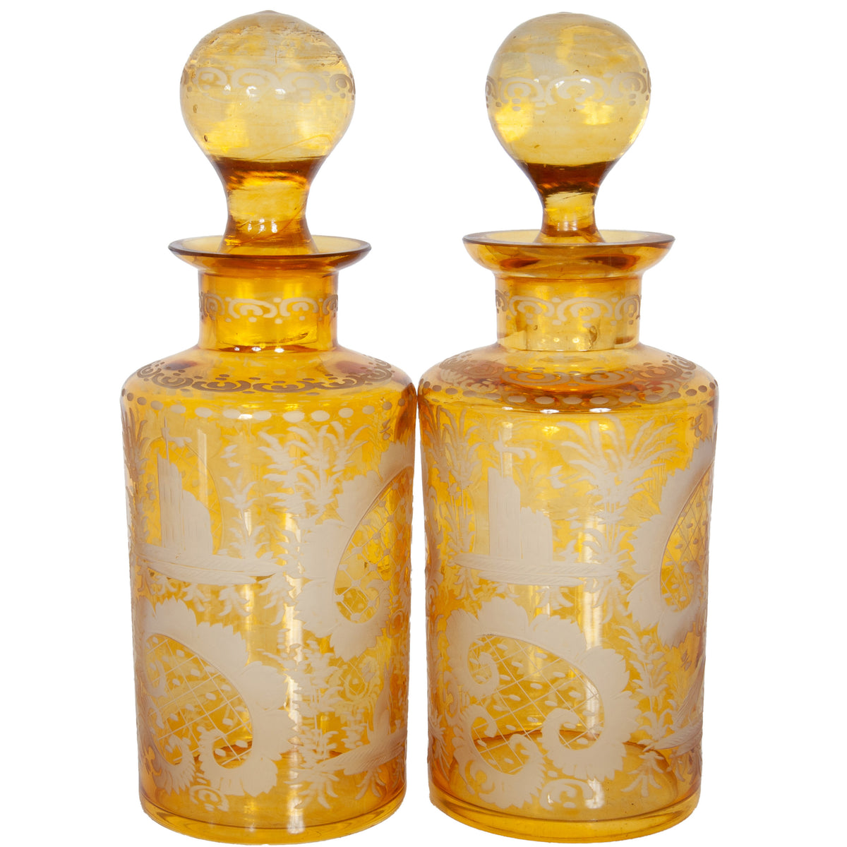 Antique Pair 19th Century Etched Bohemian Amber Glass Wine Liquor Decanters 1880