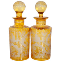 Antique Pair 19th Century Etched Bohemian Amber Glass Wine Liquor Decanters 1880