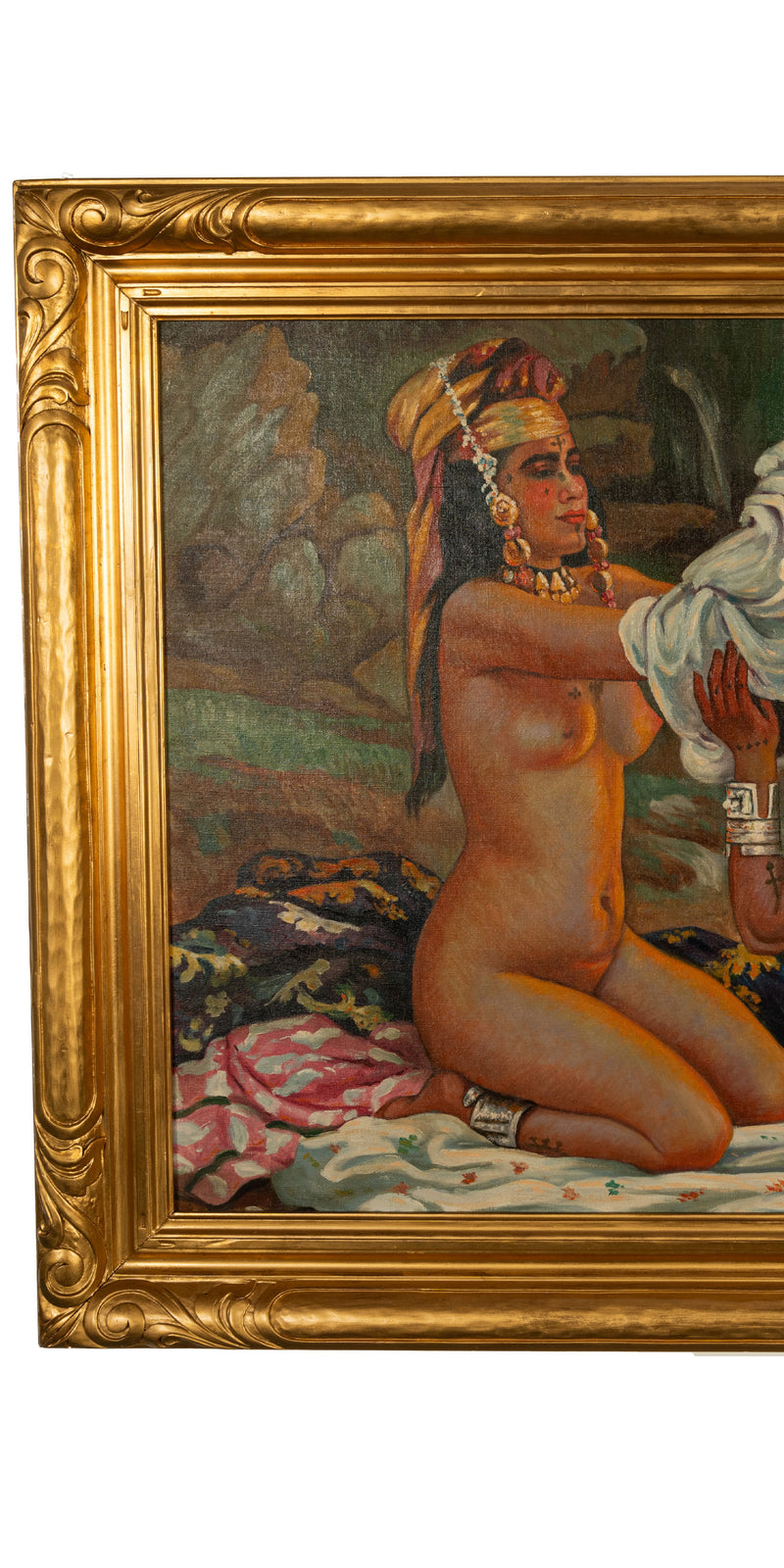 Large Orientalist Oil Painting North African Algeria Nude Tattooed Berber Women by Nasreddine Dinet Circa 1910