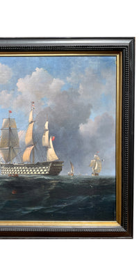Antique 19th Century Maritime Seascape War Ship Oil Painting HMS Britannia by Robert Strickland Thomas, 1835