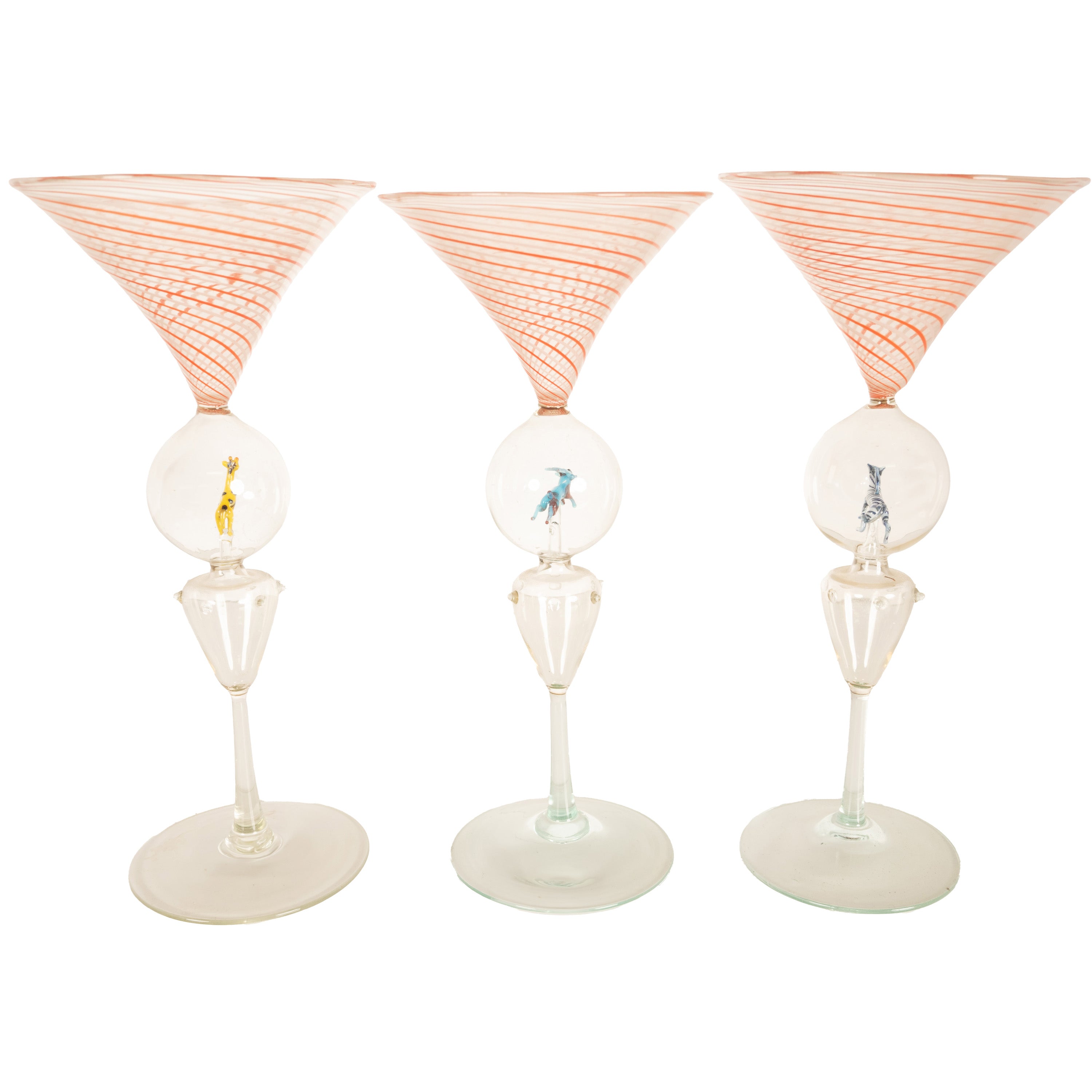 Antique Set 3 Handblown Martini Glasses Animals Bimini Werkstätte