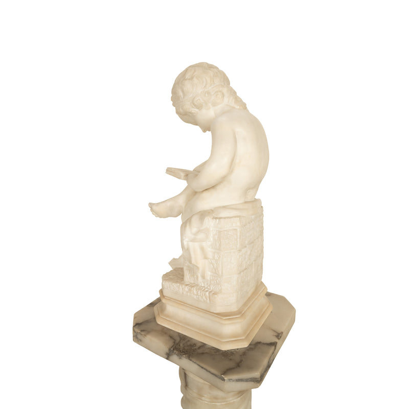 Antique Italian Grand Tour Marble Sculpture Statue Pedestal Putto Child Reading Antonio Canova 1890