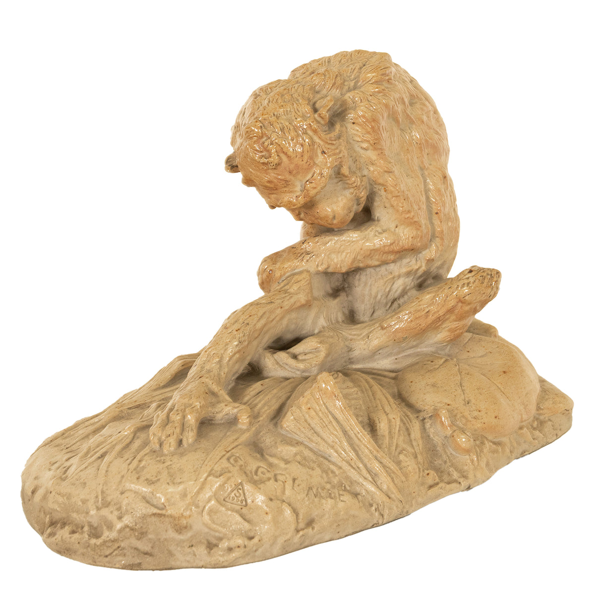 Antique French Sevres Terracotta Ceramic Monkey Snail Animalier Statue Sculpture by Emmanuel Fremiet, 1905