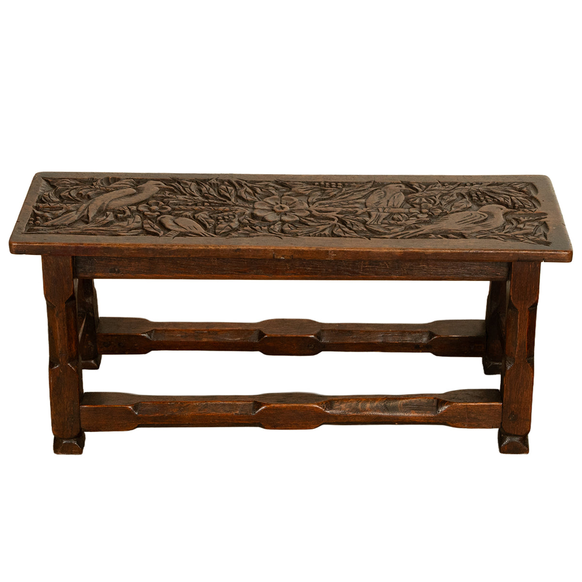 Antique English Carved Oak Arts & Crafts Hall Bench Seat 'Birds in a Tree' 1900