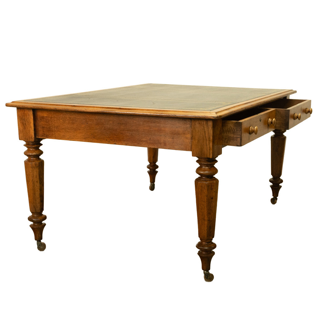 Antique English Oak & Leather Top Double-Sided Library Table Partner's Desk 1860