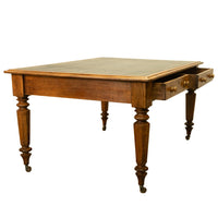 Antique English Oak & Leather Top Double-Sided Library Table Partner's Desk 1860
