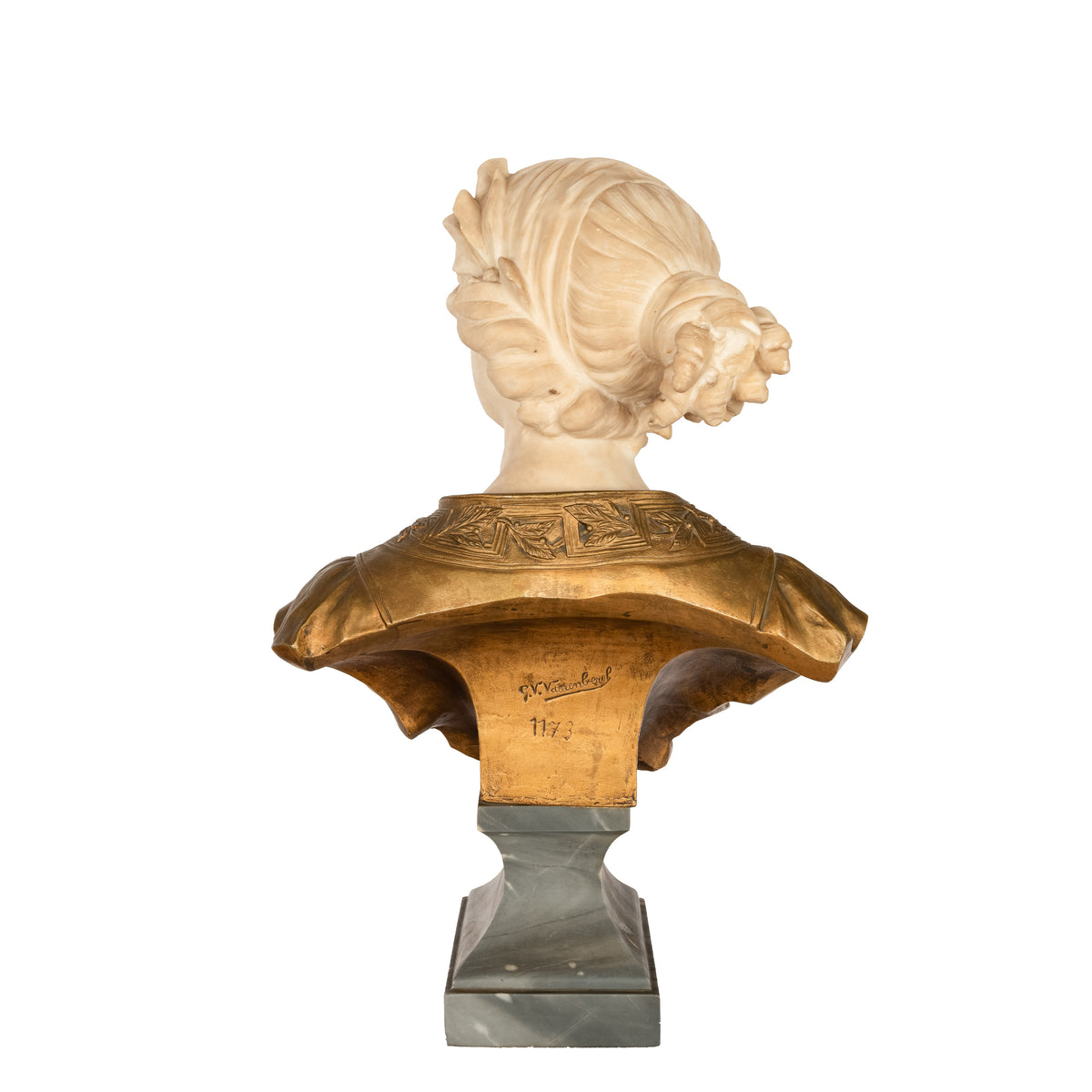 Antique Art Nouveau Female Carrara Marble Gilt Bronze Bust Statue Sculpture by Gustave Van Vaerenbergh 1900