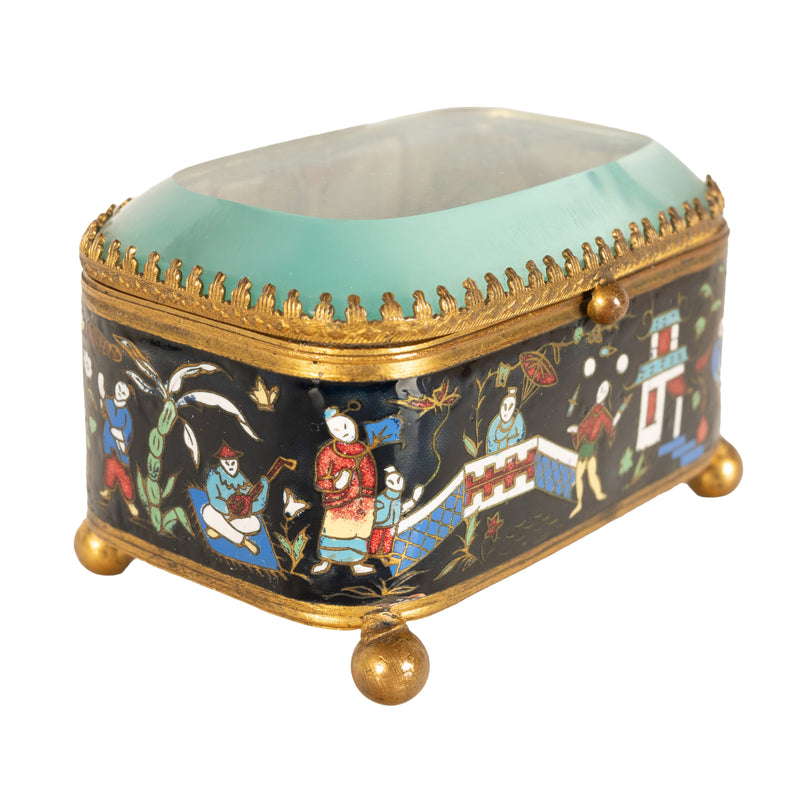 Antique French Gilt Brass Cloisonne Chinoiserie Champleve Jewelry Box Casket, 1880