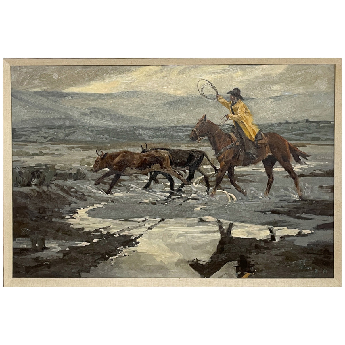 American Western Cowboy Horse & Cattle Oil Painting "Spring In The High Country" by Fred Fellows