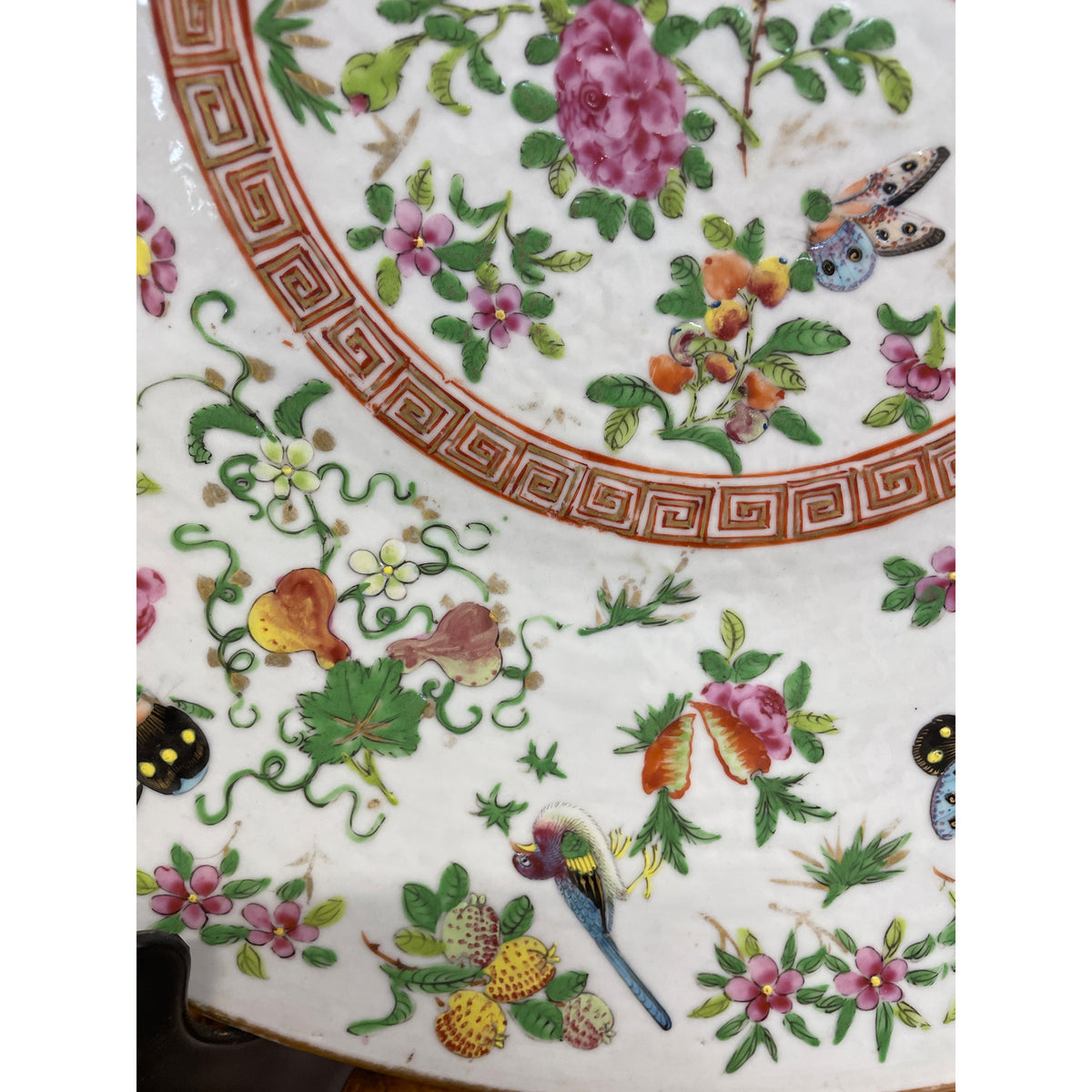 Antique 16" Chinese Canton Famille Rose Butterflies Birds Porcelain Charger 1880