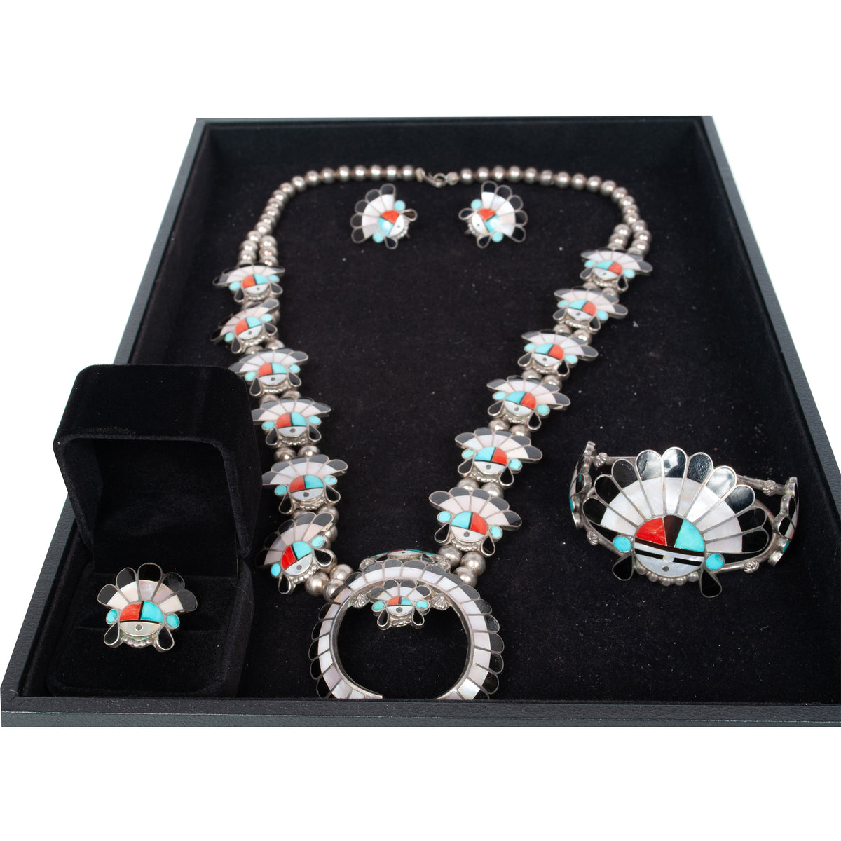 Zuni Pueblo Inlaid Silver Sunface Necklace Bracelet Ring by Burdian Eustace 1960