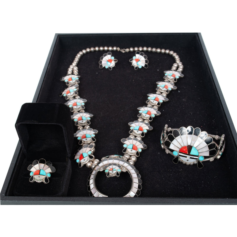Zuni Pueblo Inlaid Silver Sunface Necklace Bracelet Ring by Burdian Eustace 1960