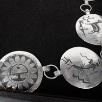 MCM Native American Navajo Silver Engraved Storyteller Concho Belt Willie Yazzie circa 1960