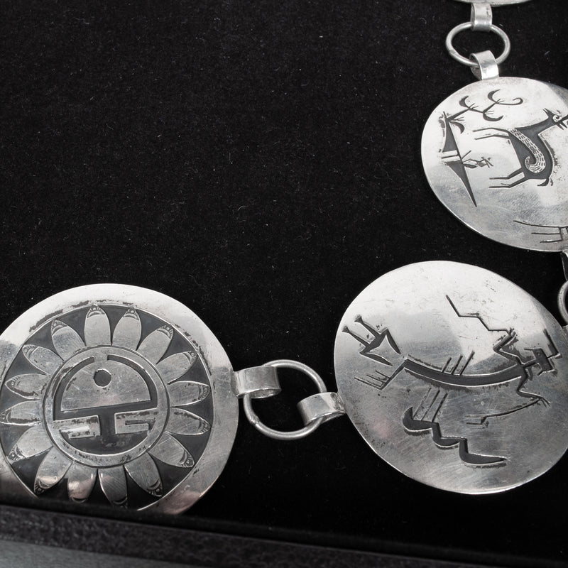 MCM Native American Navajo Silver Engraved Storyteller Concho Belt Willie Yazzie circa 1960