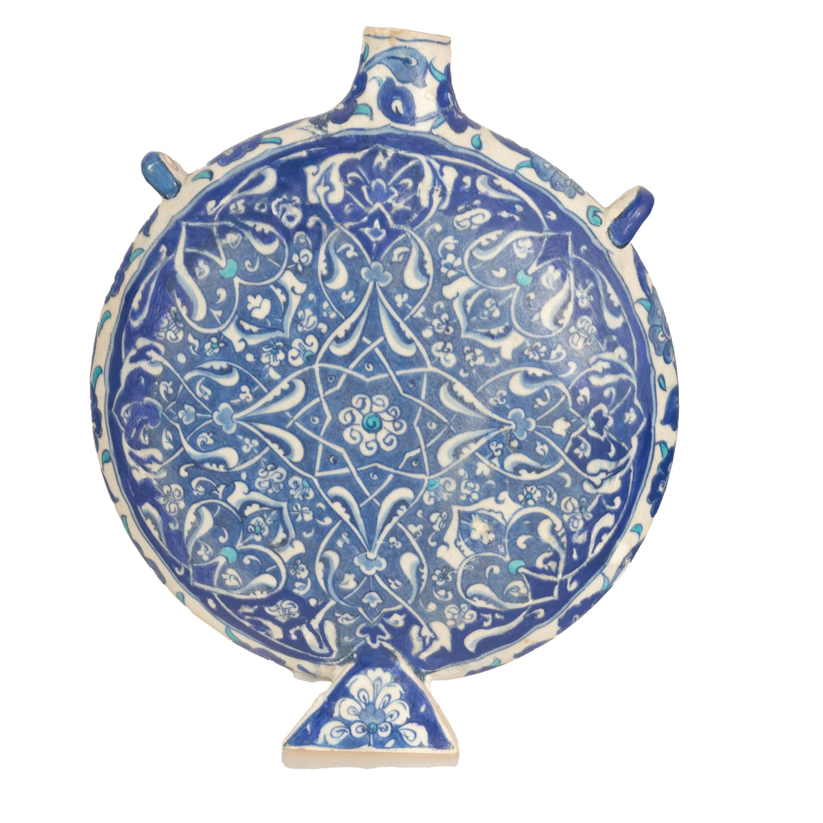 Antique Islamic Ottoman Iznik Kutahya Blue & White Pottery Pilgrim Flask Turkey