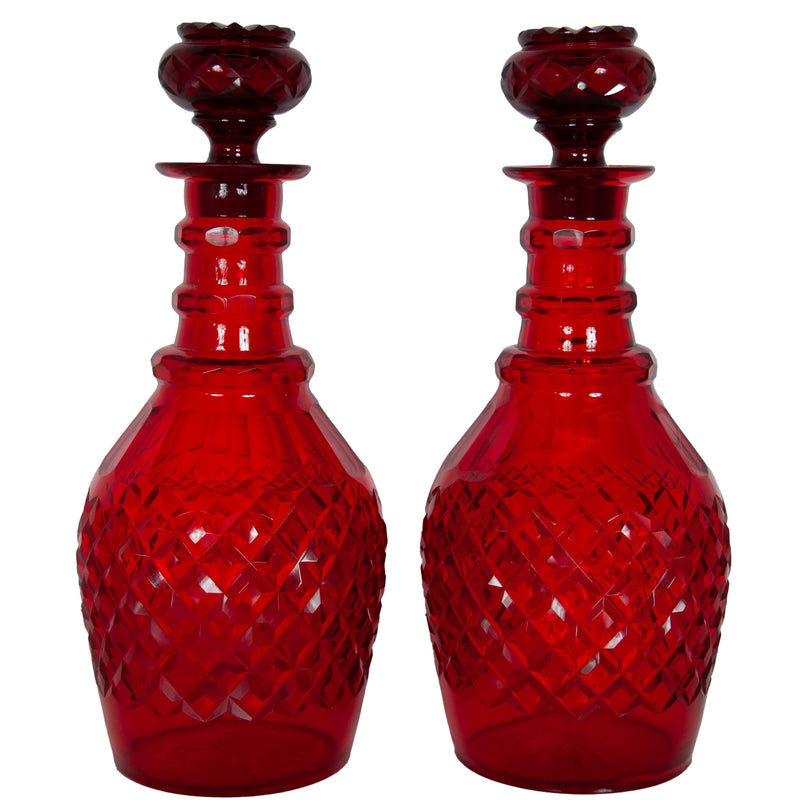 Antique Austrian Bohemian Red Cut Glass Wine Liquor Decanters & Stoppers 1880