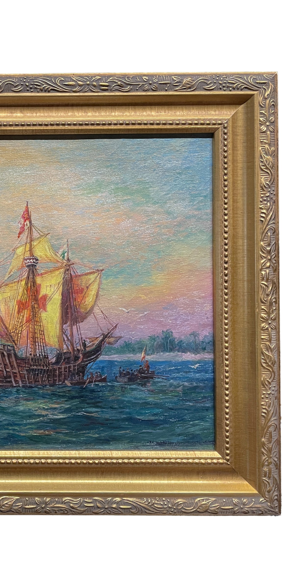 Antique American Nautical Ships Oil Painting "The Discovery" Jamestown Virginia by William Steeple Davis 1921