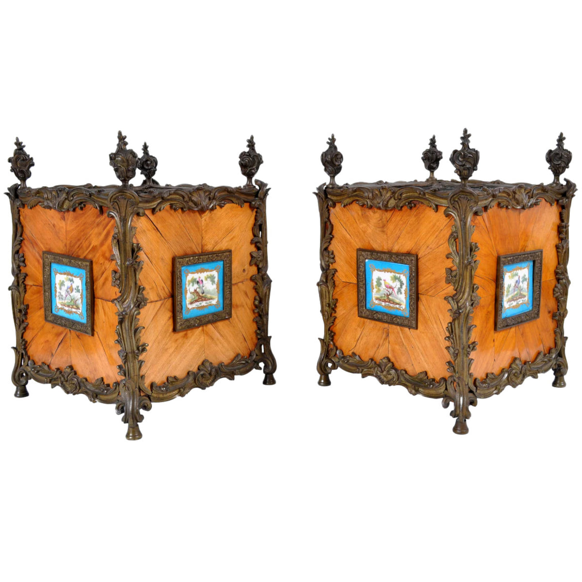 Pair of Antique French Louis XV Tulipwood and Sèvres Porcelain Jardinieres / Planters, circa 1840