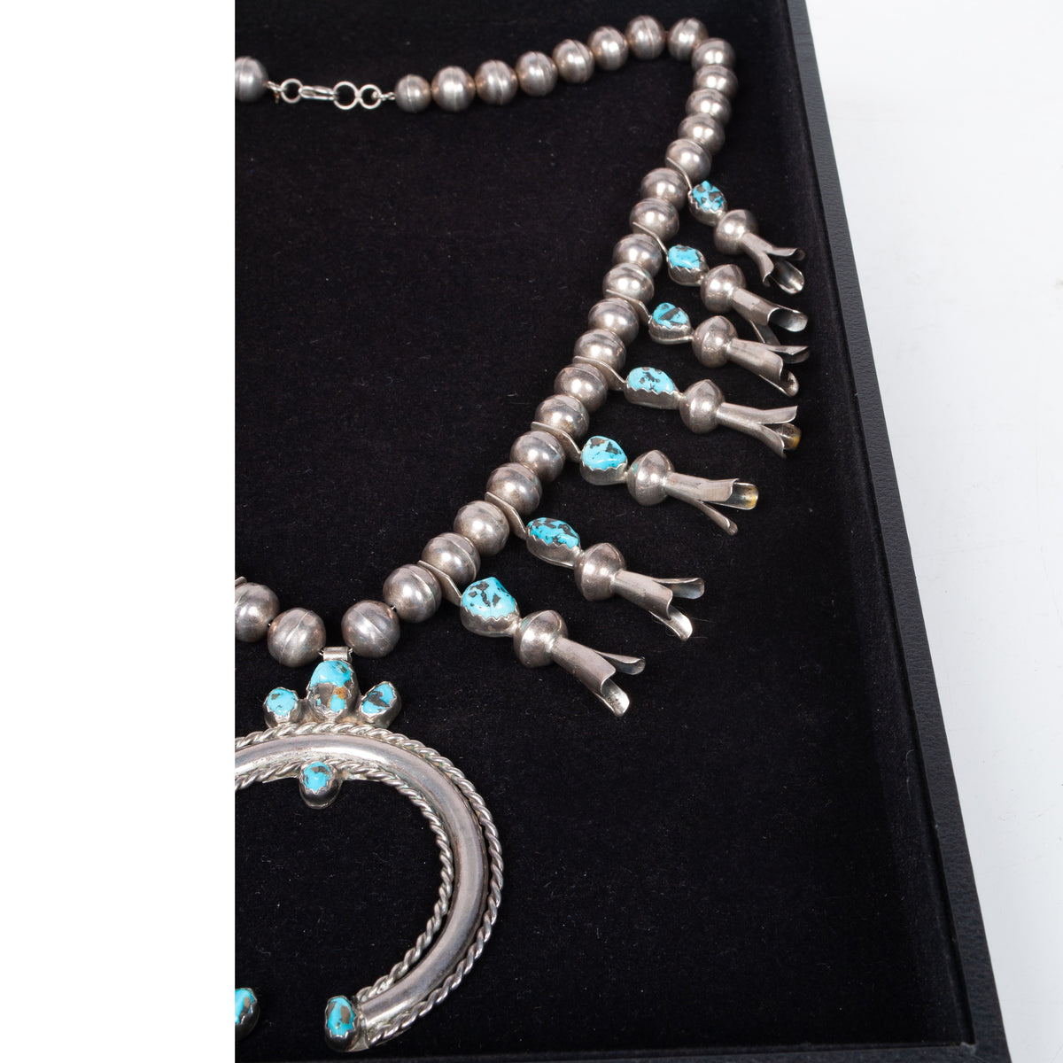 Antique Native American Navajo Sterling Silver Turquoise Squash Blossom Necklace