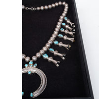 Antique Native American Navajo Sterling Silver Turquoise Squash Blossom Necklace