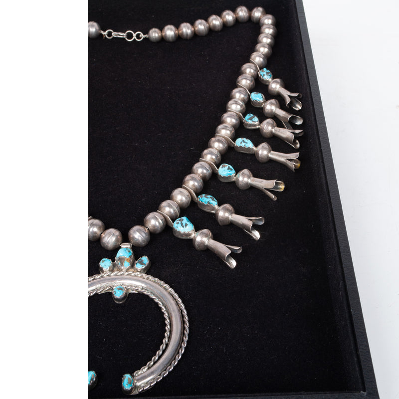 Antique Native American Navajo Sterling Silver Turquoise Squash Blossom Necklace