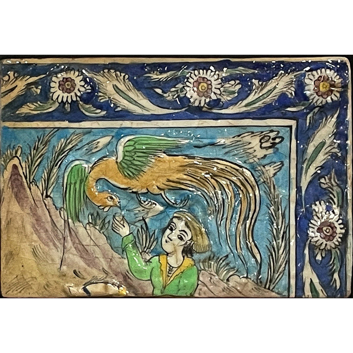 Antique Persian Qajar Iznik Mosaic Tile Panel Group Horseback Hunting Scene 1880