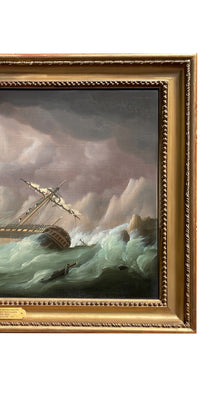Antique Marine Naval Ships Oil Painting French Frigate After Battle of Trafalgar by Thomas Buttersworth, 1805