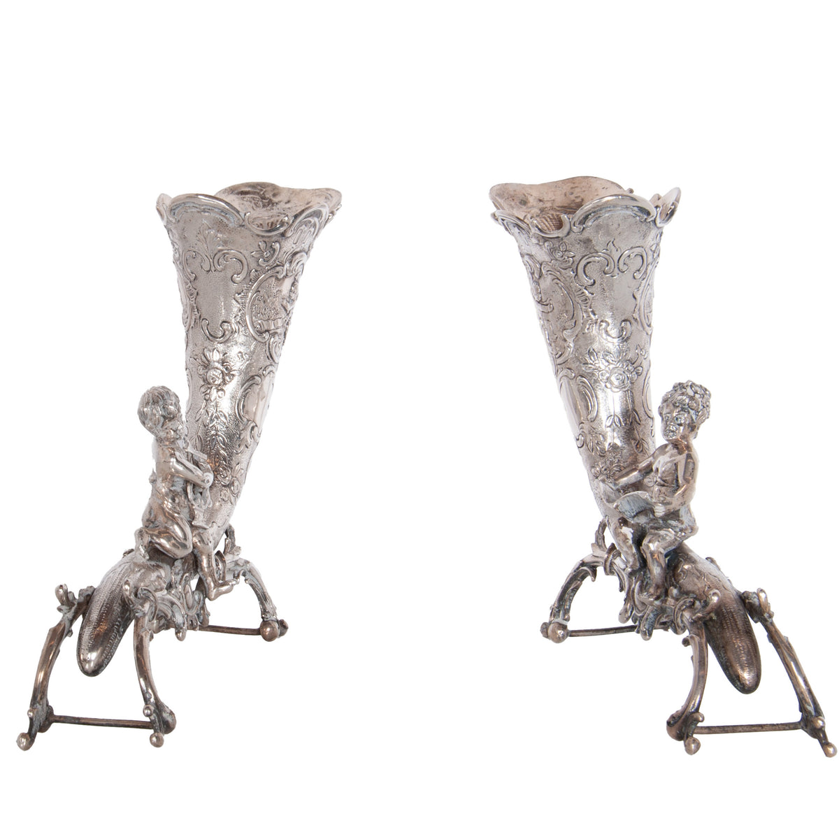 Pair Antique German Repoussé 800 Silver Cornucopia Cherub Vases Hanau 1890
