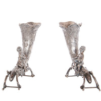 Pair Antique German Repoussé 800 Silver Cornucopia Cherub Vases Hanau 1890