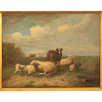 19th Century Belgian Realist Pastoral Oil Canvas Landscape Painting Ram Sheep & Goat