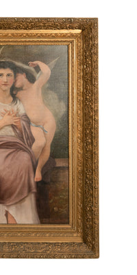 Large Antique French 19th Century Oil Canvas Painting "Hearts Awakening" Cherubs by William-Adolphe Bouguereau, 1892