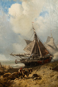 Antique French School Marine Ship Fishing Boats Oil Canvas Painting  Dieppe 1851 By Charles Hoguet