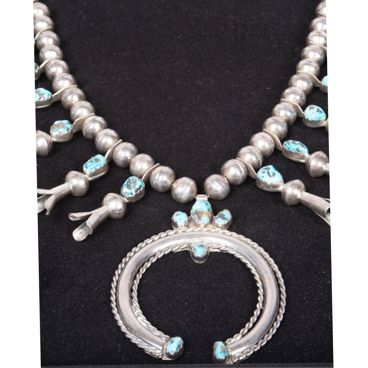 Antique Native American Navajo Sterling Silver Turquoise Squash Blossom Necklace