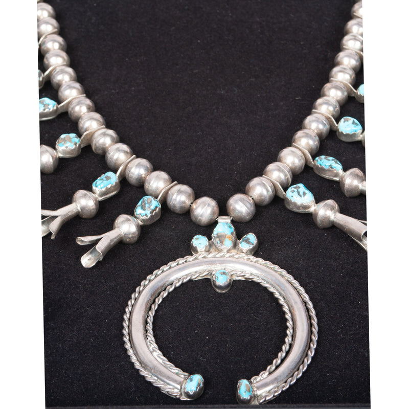Antique Native American Navajo Sterling Silver Turquoise Squash Blossom Necklace