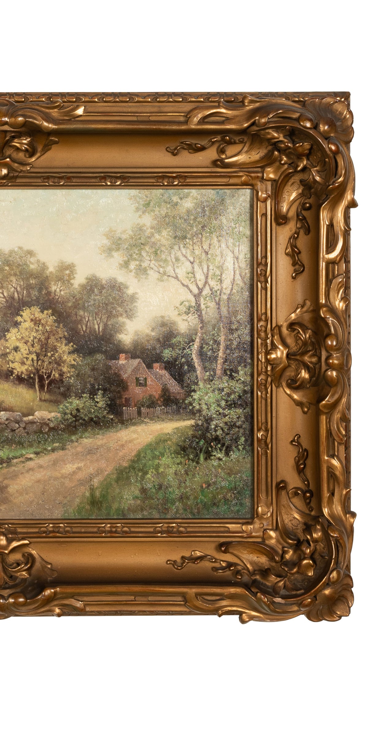 Antique American New England Summer Landscape Oil Canvas Painting Cottage Scene  by Milton H. Lowell  circa 1890