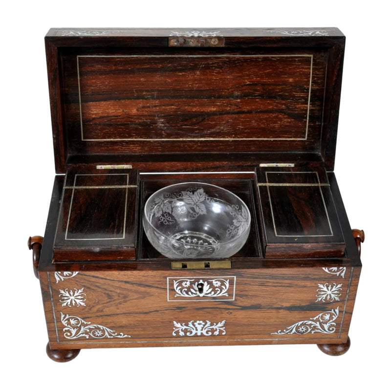 Antique English Georgian Regency Inlaid Rosewood Mother of Pearl Tea Caddy, Circa 1820