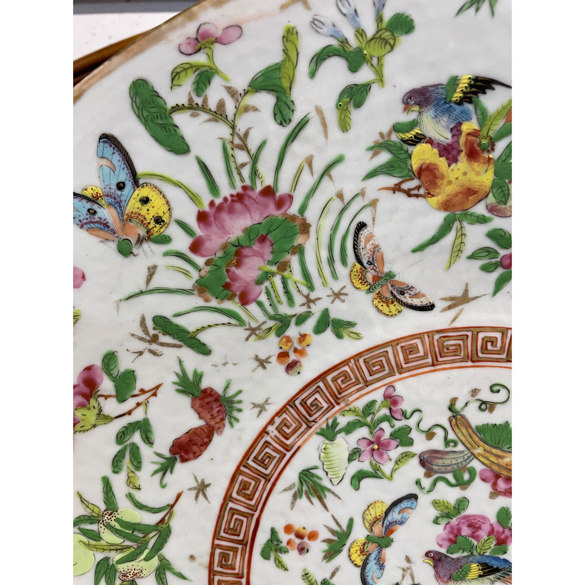 Antique 16" Chinese Canton Famille Rose Butterflies Birds Porcelain Charger 1880