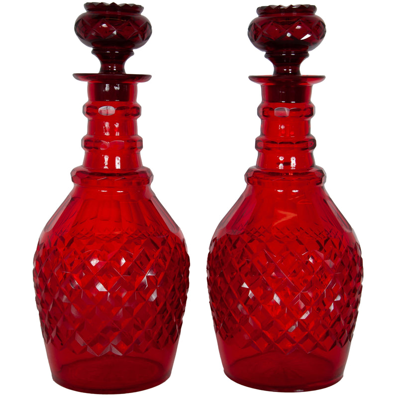 Antique Austrian Bohemian Red Cut Glass Wine Liquor Decanters & Stoppers 1880
