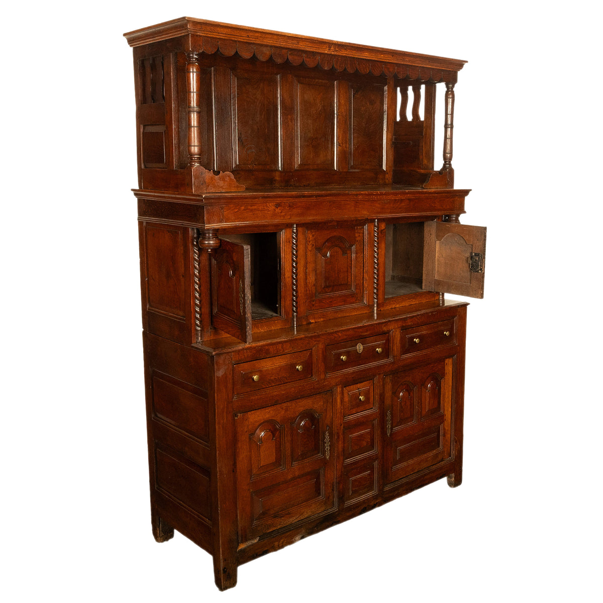 Antique Early 18th Century Carved Oak Welsh Cwpwrdd Tridarn Cupboard Cabinet 1730