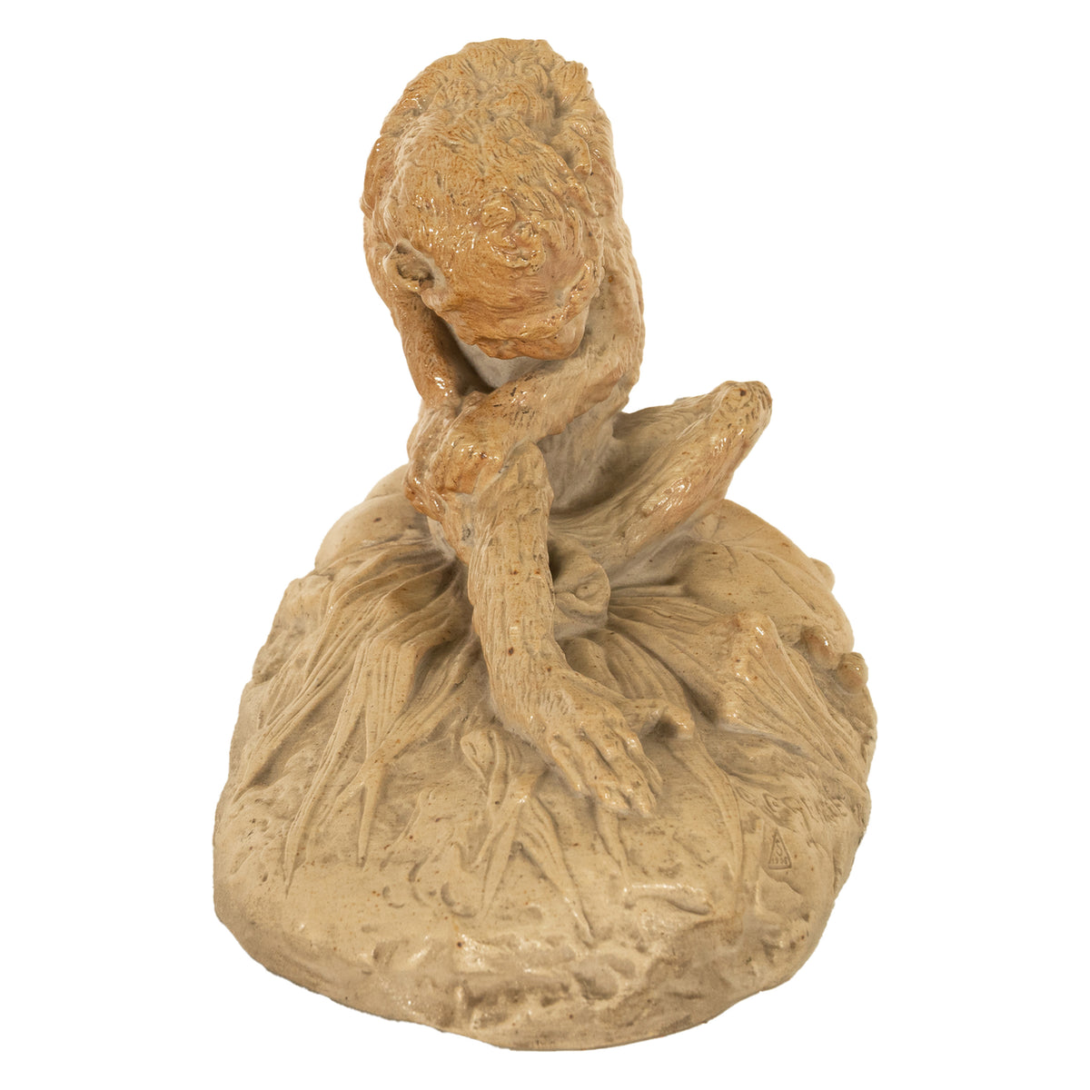 Antique French Sevres Terracotta Ceramic Monkey Snail Animalier Statue Sculpture by Emmanuel Fremiet, 1905