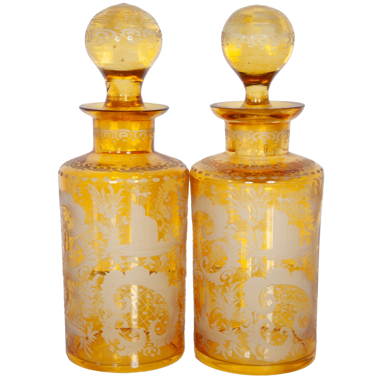 Antique Pair 19th Century Etched Bohemian Amber Glass Wine Liquor Decanters 1880