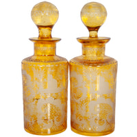 Antique Pair 19th Century Etched Bohemian Amber Glass Wine Liquor Decanters 1880