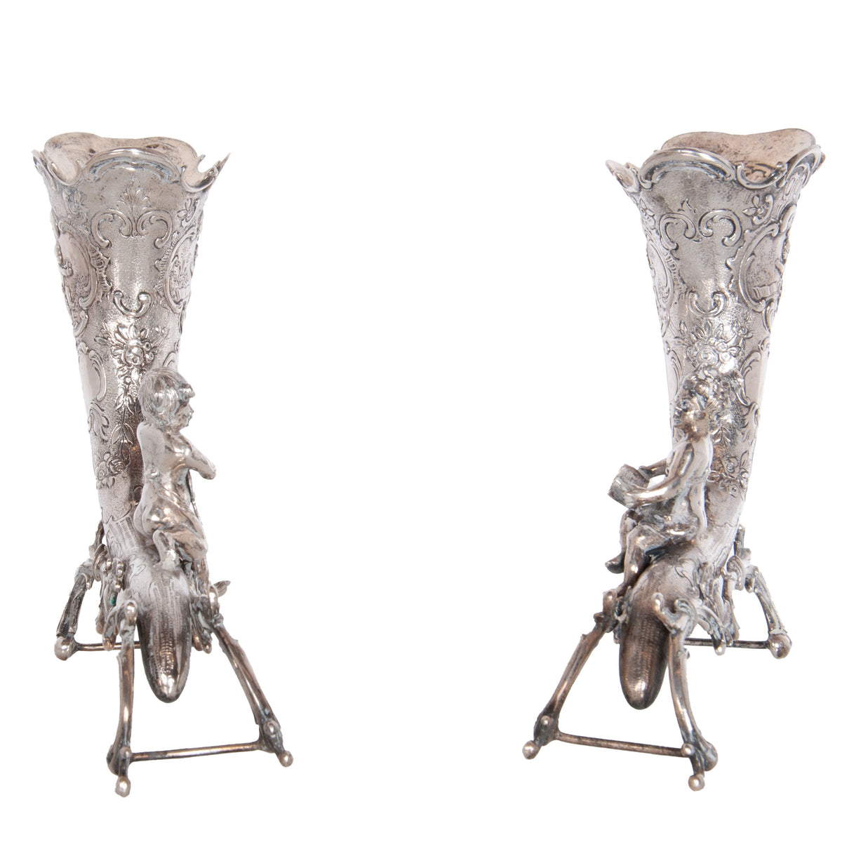 Pair Antique German Repoussé 800 Silver Cornucopia Cherub Vases Hanau 1890