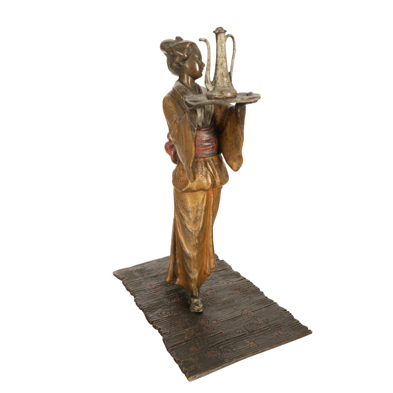 Antique Austrian Art Deco Cold Painted Bronze Serving Girl Japanese Geisha by Richard Thuss, 1920