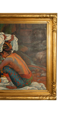 Large Orientalist Oil Painting North African Algeria Nude Tattooed Berber Women by Nasreddine Dinet Circa 1910