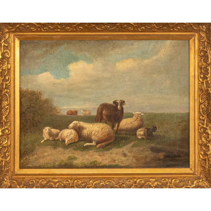 19th Century Belgian Realist Pastoral Oil Canvas Landscape Painting Ram Sheep & Goat